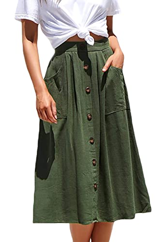 Women's Summer Button Down Midi High Waisted Casual Long Skirts Spring Outfits Army Green Small