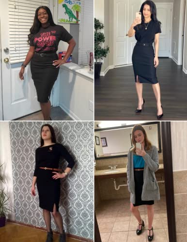 Kate Kasin Women Pencil Skirt Knee Length with Belt Professional Work Office Wear Skirt Bodycon Skirts Black L