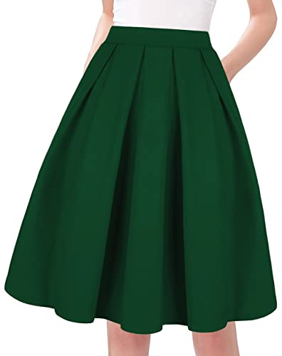 Tandisk A-Line Pleated Vintage Skirts with Pockets for Women Green 2XL