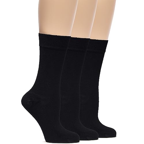 Hugh Ugoli Womens Soft Bamboo Dress Socks, Thin Crew Socks for Business, Trouser & Casual, Non-Binding & Breathable, 3 Pairs, Black, Shoe Size: 6-9