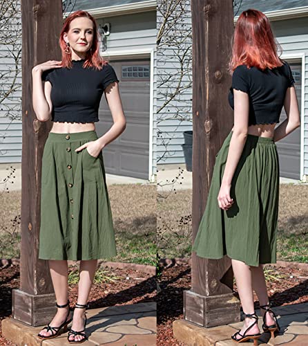 Women's Summer Button Down Midi High Waisted Casual Long Skirts Spring Outfits Army Green Small