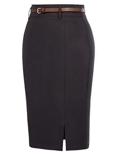 Kate Kasin Women Pencil Skirt Knee Length with Belt Professional Work Office Wear Skirt Bodycon Skirts Black L