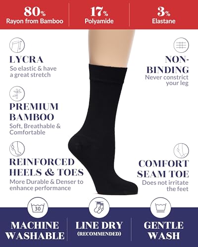 Hugh Ugoli Womens Soft Bamboo Dress Socks, Thin Crew Socks for Business, Trouser & Casual, Non-Binding & Breathable, 3 Pairs, Black, Shoe Size: 6-9