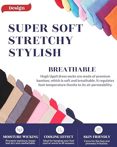 Hugh Ugoli Womens Soft Bamboo Dress Socks, Thin Crew Socks for Business, Trouser & Casual, Non-Binding & Breathable, 3 Pairs, Black, Shoe Size: 6-9