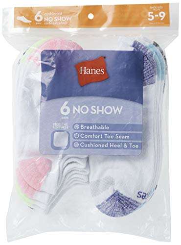 Hanes womens Plush Comfort Toe Seam No Show Socks, 6-pair Pack fashion liner socks, White With Color Heel & Toe, Shoe Size 5-9 US