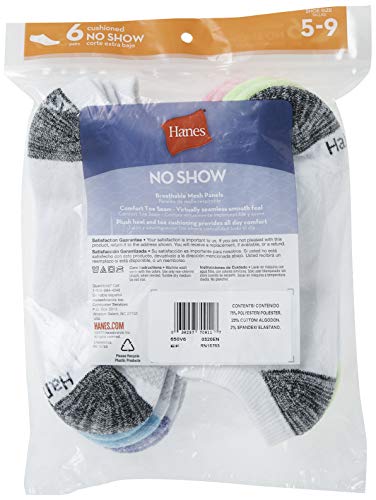 Hanes womens Plush Comfort Toe Seam No Show Socks, 6-pair Pack fashion liner socks, White With Color Heel & Toe, Shoe Size 5-9 US