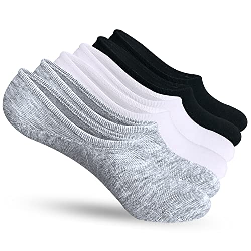 AKOENY Women's No Show Socks Ankle Footies No Slip Low Cut for Loafer Slip On Flats Liner Casual Shoes, Size 6-9, Black/White/Grey, 6 Pairs