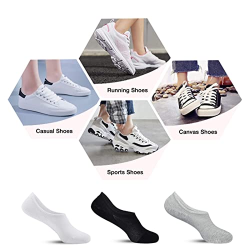 AKOENY Women's No Show Socks Ankle Footies No Slip Low Cut for Loafer Slip On Flats Liner Casual Shoes, Size 6-9, Black/White/Grey, 6 Pairs