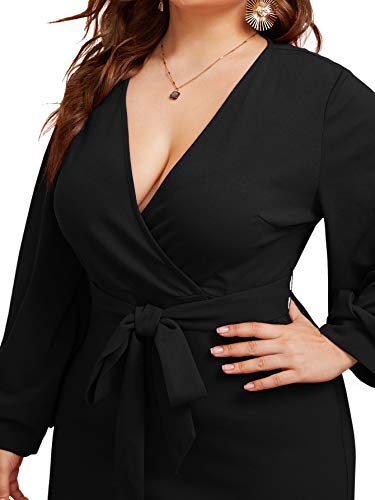 Verdusa Women's Plus Size V Neck Lantern Sleeve Midi Belted Bodycon Dress Black 2XL