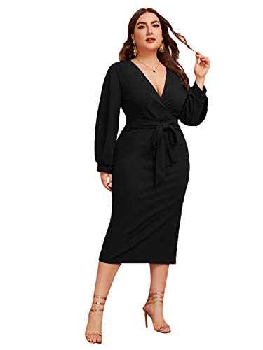Verdusa Women's Plus Size V Neck Lantern Sleeve Midi Belted Bodycon Dress Black 2XL