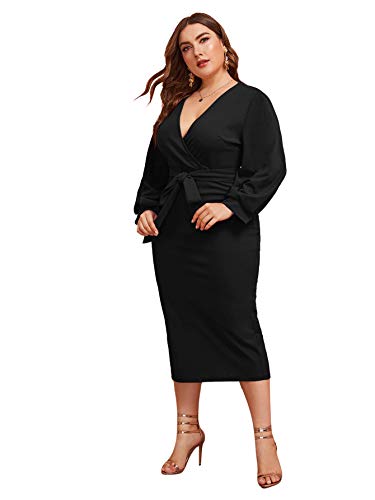 Verdusa Women's Plus Size V Neck Lantern Sleeve Midi Belted Bodycon Dress Black 2XL
