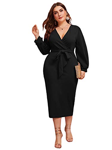 Verdusa Women's Plus Size V Neck Lantern Sleeve Midi Belted Bodycon Dress Black 2XL