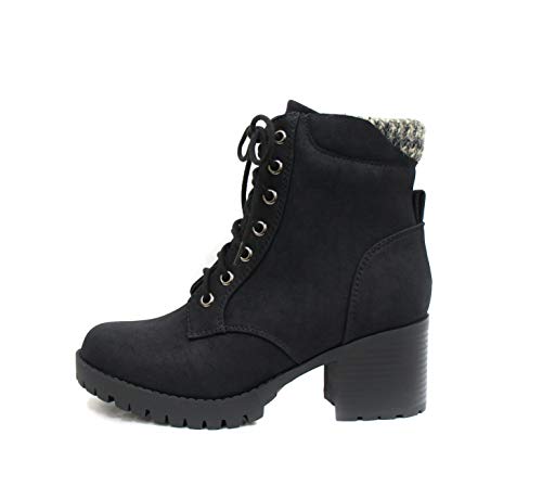 Soda Single Lug Sole Chunky Heel Combat Ankle Boot Lace up w/Side Zipper (7, Black (Nubuck))