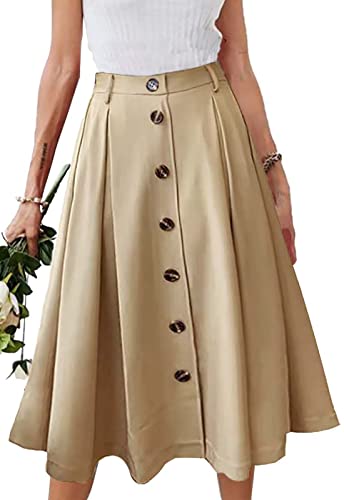 HERBATOMIA A-line Pleated Midi Skirt Elastic Waist Casual Flared Button Front Long Khaki Skirts with Pocket for Women