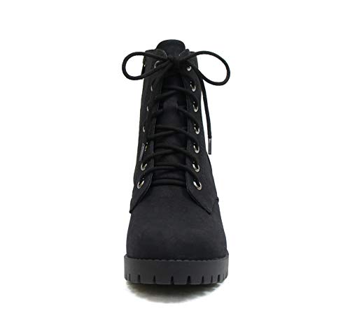 Soda Single Lug Sole Chunky Heel Combat Ankle Boot Lace up w/Side Zipper (7, Black (Nubuck))
