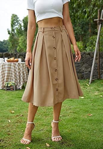HERBATOMIA A-line Pleated Midi Skirt Elastic Waist Casual Flared Button Front Long Khaki Skirts with Pocket for Women