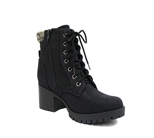 Soda Single Lug Sole Chunky Heel Combat Ankle Boot Lace up w/Side Zipper (7, Black (Nubuck))