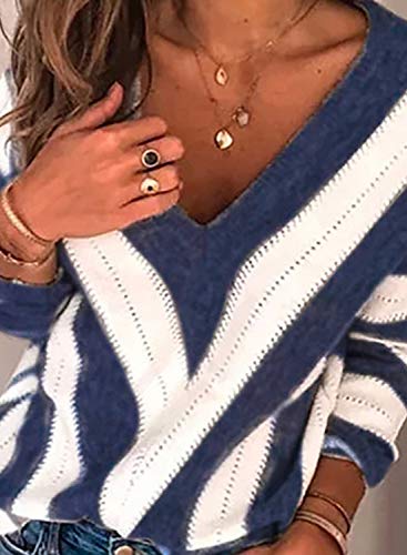 PRETTYGARDEN Women's Fashion Long Sleeve Striped Color Block Knitted Sweater Crew Neck Loose Pullover Jumper Tops (Striped Blue,X-Large)
