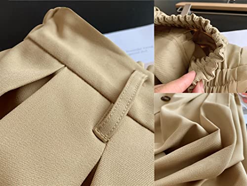 HERBATOMIA A-line Pleated Midi Skirt Elastic Waist Casual Flared Button Front Long Khaki Skirts with Pocket for Women