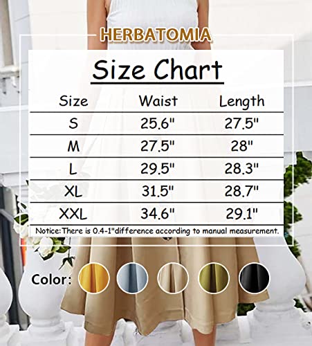 HERBATOMIA A-line Pleated Midi Skirt Elastic Waist Casual Flared Button Front Long Khaki Skirts with Pocket for Women