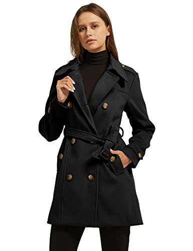 Wantdo Women's Slim Trench Coat Double Breasted Peacoat with Belt Black L