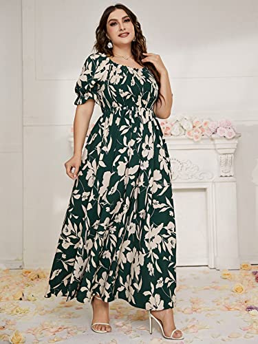 MakeMeChic Women's Plus Size Boho Floral Short Sleeve High Waist A Line Swing Maxi Dress A Multi Green 1XL