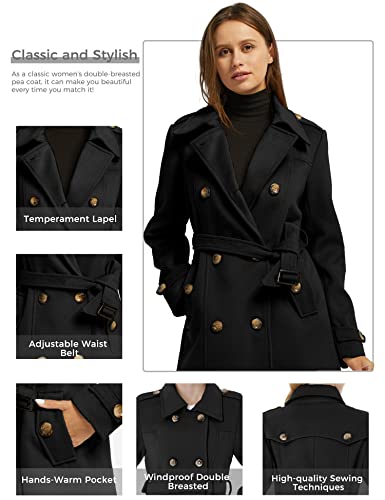 Wantdo Women's Slim Trench Coat Double Breasted Peacoat with Belt Black L