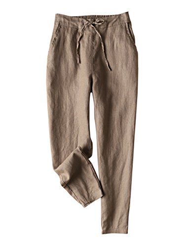 IXIMO Women's Tapered Pants 100% Linen Drawstring Back Elastic Waist Pants Trousers with Pockets Dark Khaki Large