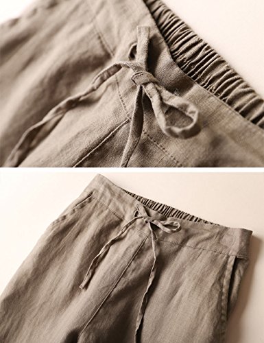 IXIMO Women's Tapered Pants 100% Linen Drawstring Back Elastic Waist Pants Trousers with Pockets Dark Khaki Large