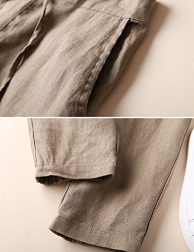 IXIMO Women's Tapered Pants 100% Linen Drawstring Back Elastic Waist Pants Trousers with Pockets Dark Khaki Large