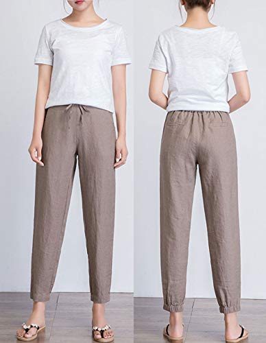 IXIMO Women's Tapered Pants 100% Linen Drawstring Back Elastic Waist Pants Trousers with Pockets Dark Khaki Large