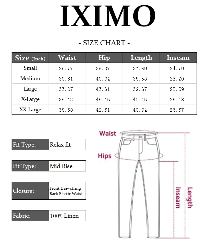 IXIMO Women's Tapered Pants 100% Linen Drawstring Back Elastic Waist Pants Trousers with Pockets Dark Khaki Large