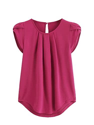 Milumia Women's Casual Round Neck Basic Pleated Top Cap Sleeve Curved Keyhole Back Blouse Hot Pink XX-Large