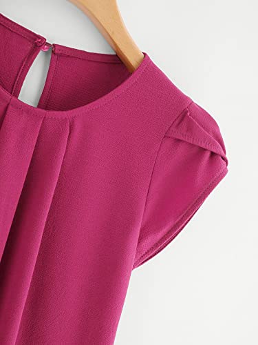 Milumia Women's Casual Round Neck Basic Pleated Top Cap Sleeve Curved Keyhole Back Blouse Hot Pink XX-Large