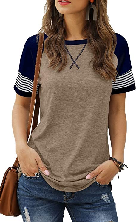 Womens Short Sleeve Round Neck Striped Tee Shirt Blouses Coffee S