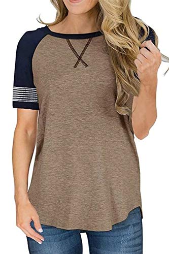 Womens Short Sleeve Round Neck Striped Tee Shirt Blouses Coffee S