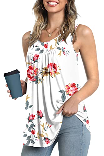 LONGYUAN Women's Casual Tunics Sleeveless Loose Fit Tank Top Cute Pleated Print Blouse Floral White X-Large