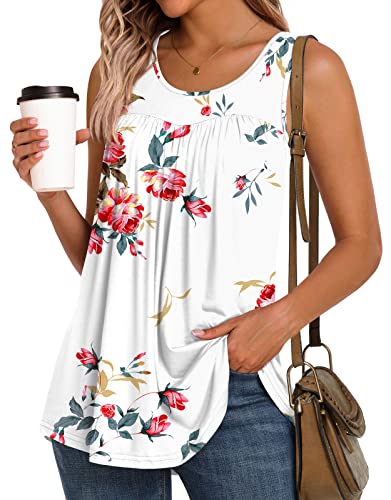 LONGYUAN Women's Casual Tunics Sleeveless Loose Fit Tank Top Cute Pleated Print Blouse Floral White X-Large