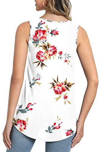 LONGYUAN Women's Casual Tunics Sleeveless Loose Fit Tank Top Cute Pleated Print Blouse Floral White X-Large