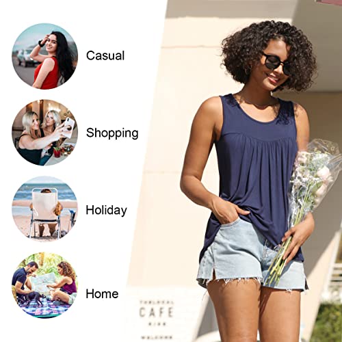 LONGYUAN Women's Casual Tunics Sleeveless Loose Fit Tank Top Cute Pleated Print Blouse Floral White X-Large