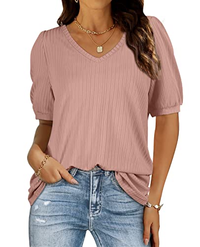 Pink Tops for Women Puff Sleeve V Neck Cute Summer Basic Soft Casual Shirts S