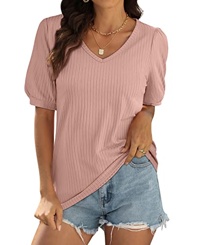 Pink Tops for Women Puff Sleeve V Neck Cute Summer Basic Soft Casual Shirts S