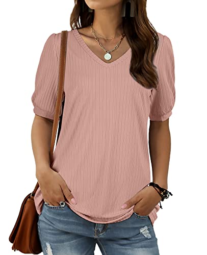Pink Tops for Women Puff Sleeve V Neck Cute Summer Basic Soft Casual Shirts S