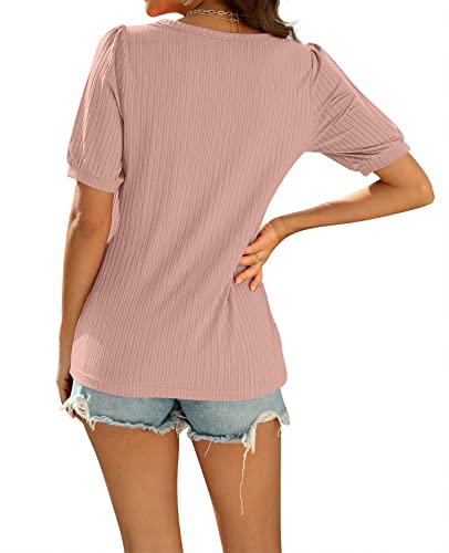 Pink Tops for Women Puff Sleeve V Neck Cute Summer Basic Soft Casual Shirts S
