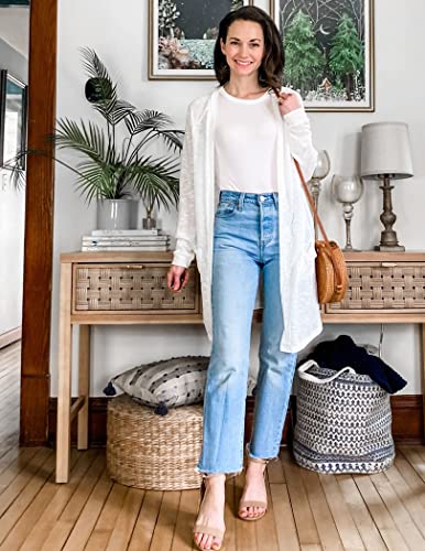 ELESOL Women's Open Front Casual Long Sleeve Knitted Cardigan Sweater White M