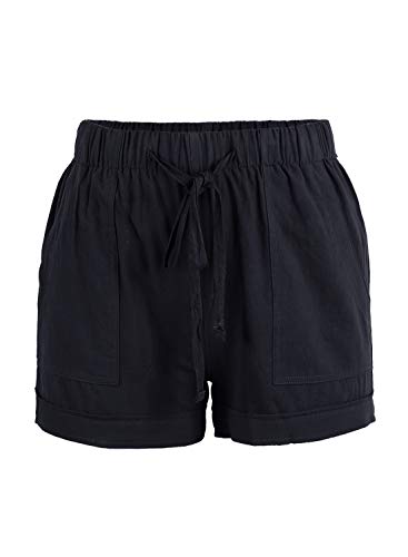 Acelitt Women Ladies Casual Summer Elastic Waist Beach Linen Sweat Shorts with Pockets Black XL