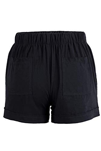 Acelitt Women Ladies Casual Summer Elastic Waist Beach Linen Sweat Shorts with Pockets Black XL