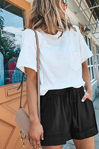 Acelitt Women Ladies Casual Summer Elastic Waist Beach Linen Sweat Shorts with Pockets Black XL