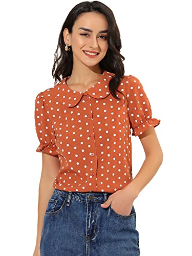 Allegra K Women's Polka Dots Shirt Short Puff Sleeve Vintage Button Up Peter Pan Collar Blouse Tops Medium Orange Red