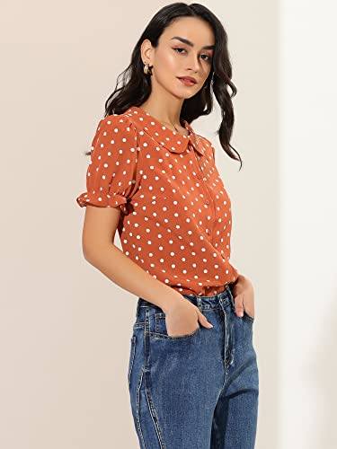 Allegra K Women's Polka Dots Shirt Short Puff Sleeve Vintage Button Up Peter Pan Collar Blouse Tops Medium Orange Red